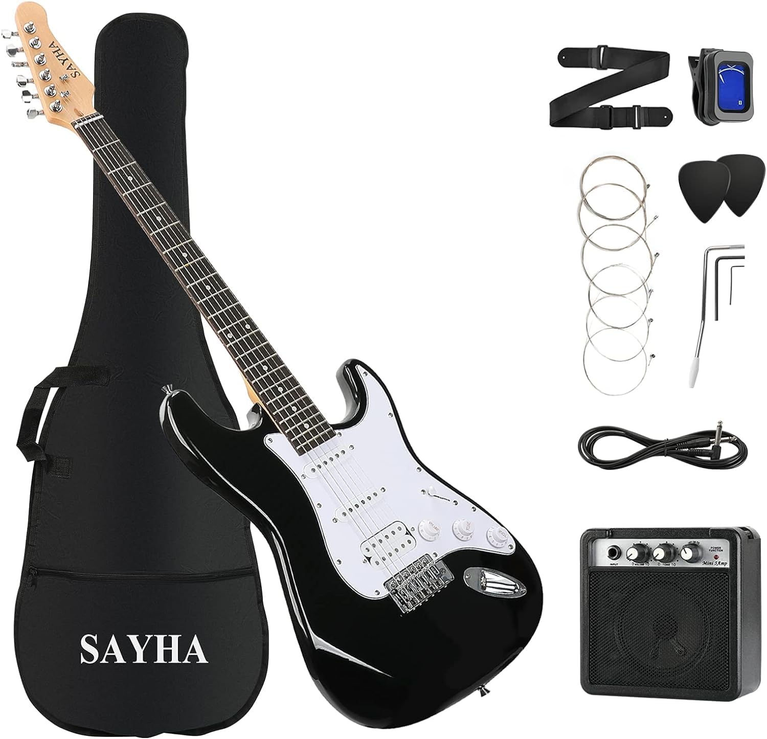 Sayha 39 inch black electric guitar starter kit with gig bag, 5W mini amp, clip-on tuner, strap, spare strings, cable, picks and tremolo arm