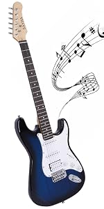 Sayha blue electric guitar with a darker blue burst around the edges and a white pickguard